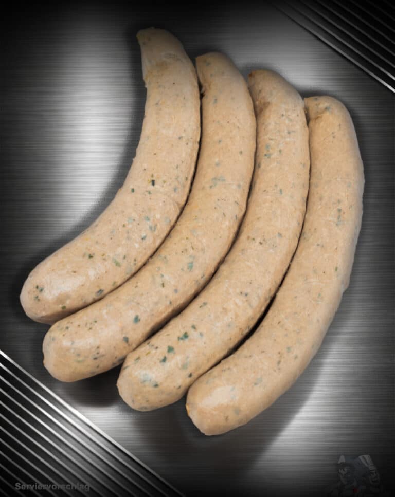 Vier Wildweisswürste aus deutschem Wildfleisch mit sichtbarer Petersilie auf dunklem Hintergrund.